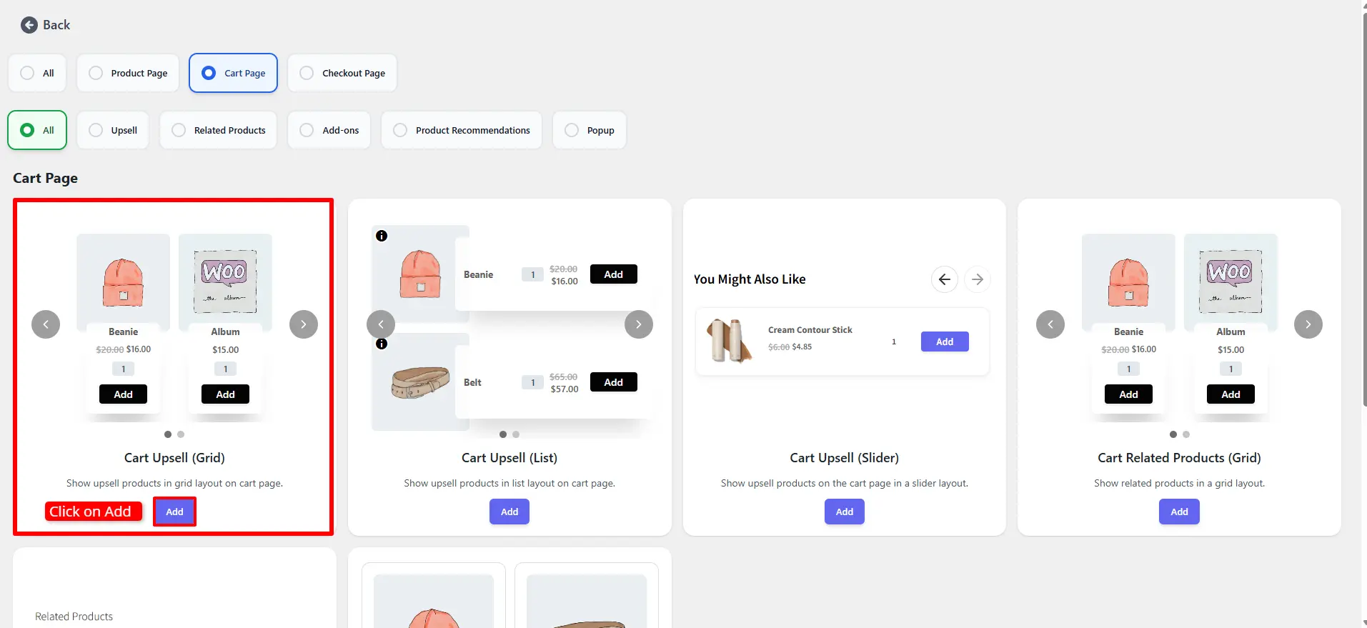 Selecting the Cart Upsell layout