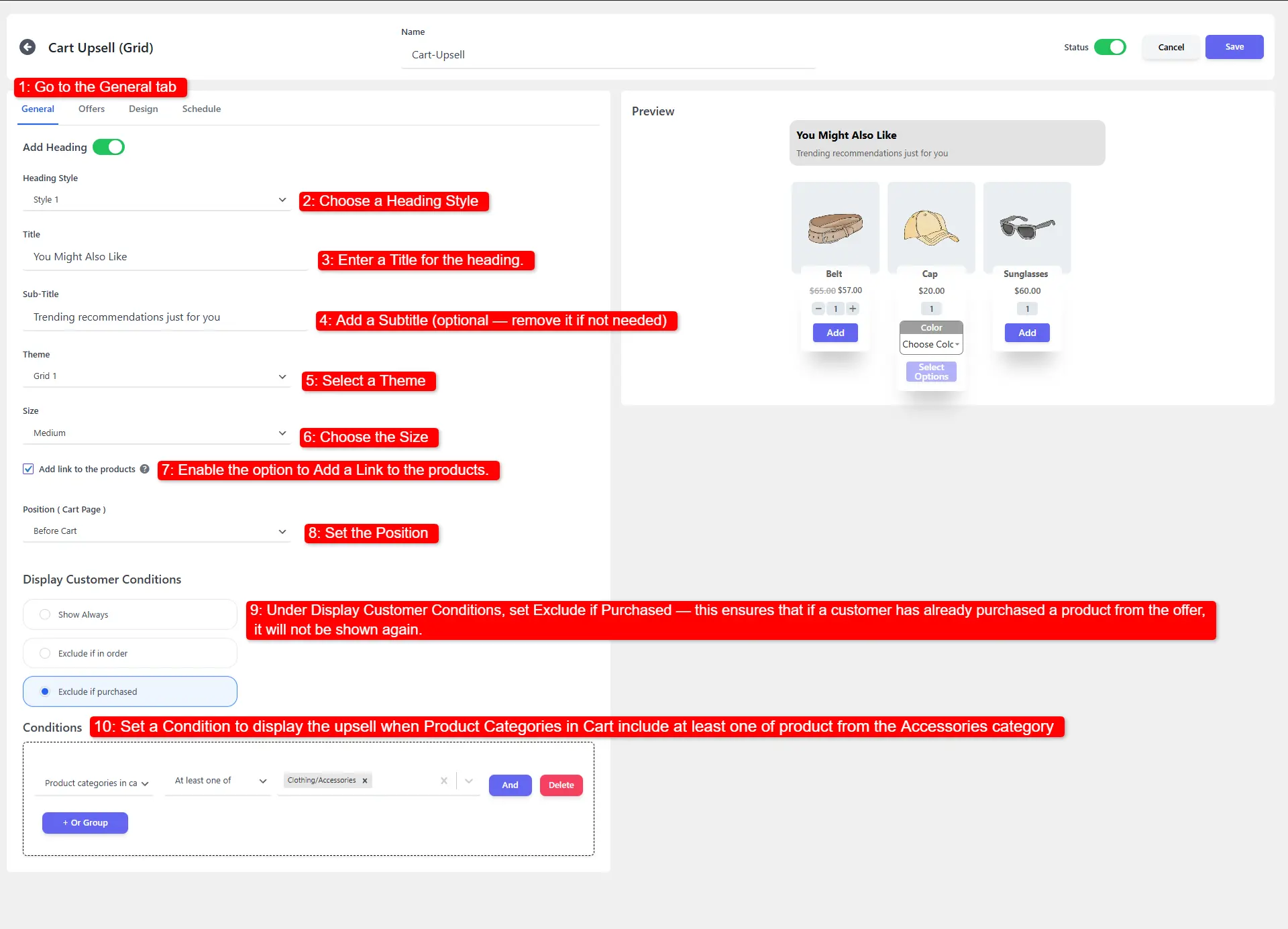 showing targeting settings and product selection for Product Upsell configuration