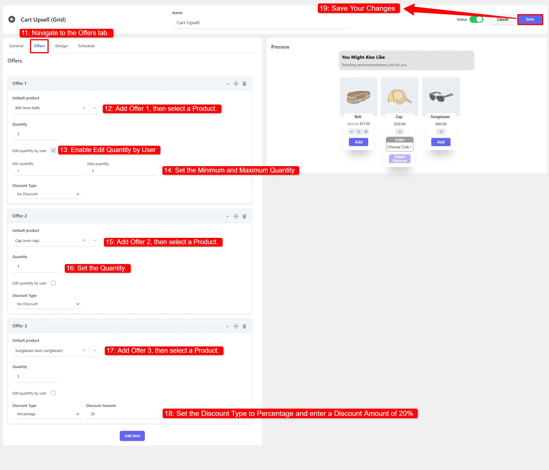 showing Offers tab configuration with multiple upsell items and discount settings