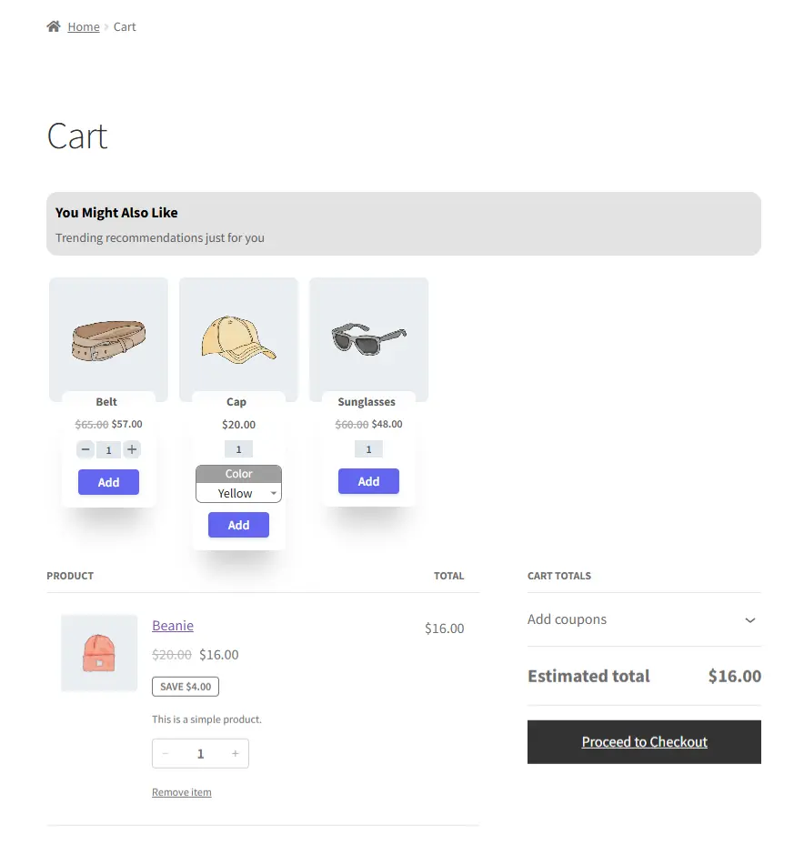 Example preview of Cart Upsell section showing sunglasses with beanie, belt, and cap as upsell products