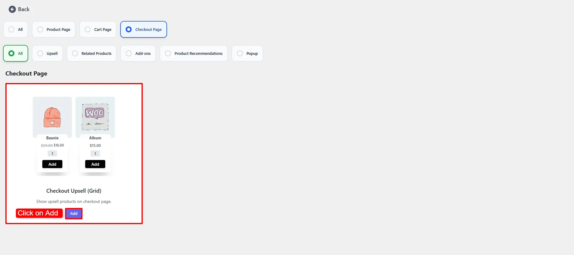 Screenshot showing Add button for creating a new Checkout Upsell section