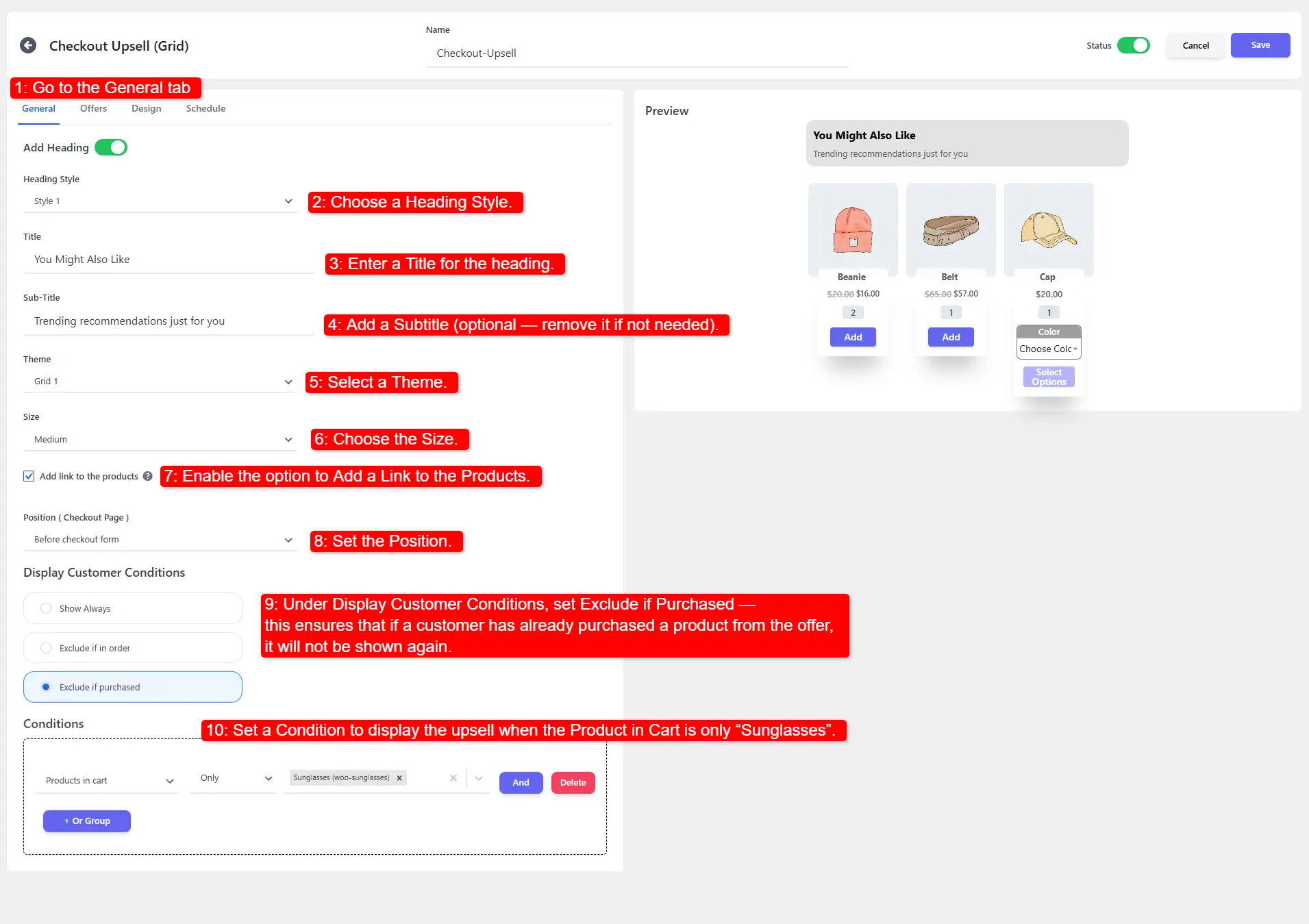 Screenshot showing targeting and condition settings for Checkout Upsell configuration, including rule for sunglasses only
