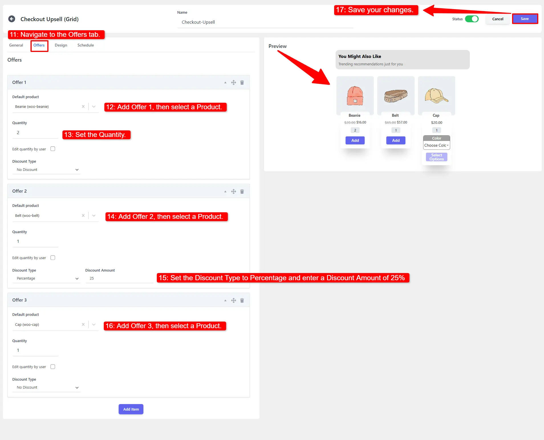 Screenshot showing Offers tab configuration with multiple upsell products and discount settings for Checkout Upsell