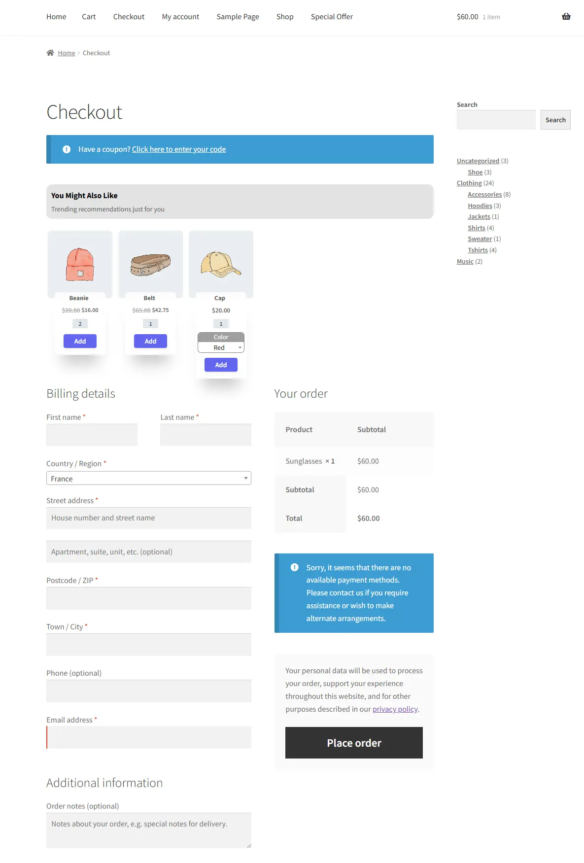 Example preview of Checkout Upsell section showing sunglasses with beanie, belt, and cap as suggested products