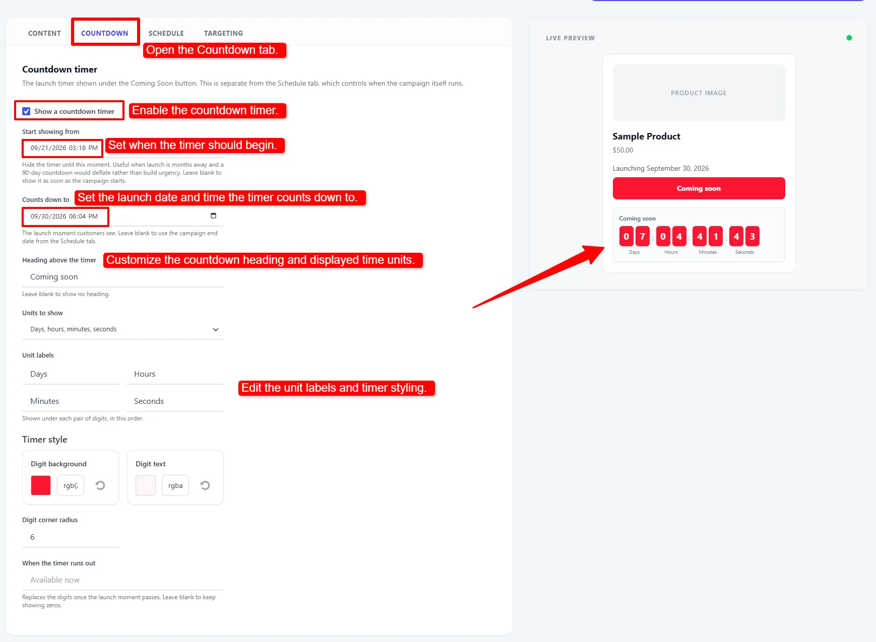 Coming Soon countdown settings and live preview