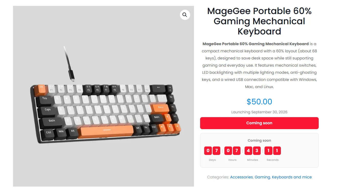 Product page with a Coming Soon button and launch countdown