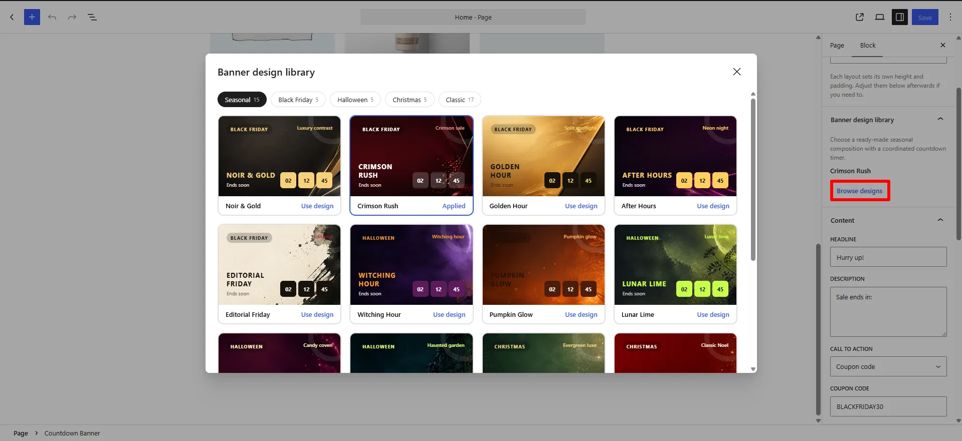 The Banner design library, with Crimson Rush applied