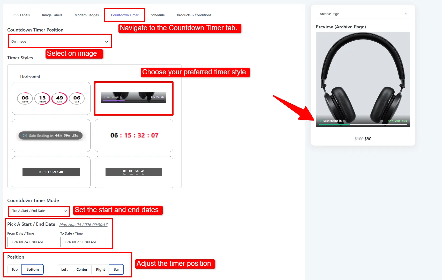 Countdown Timer tab: position, timer styles, mode with start/end dates, and position controls