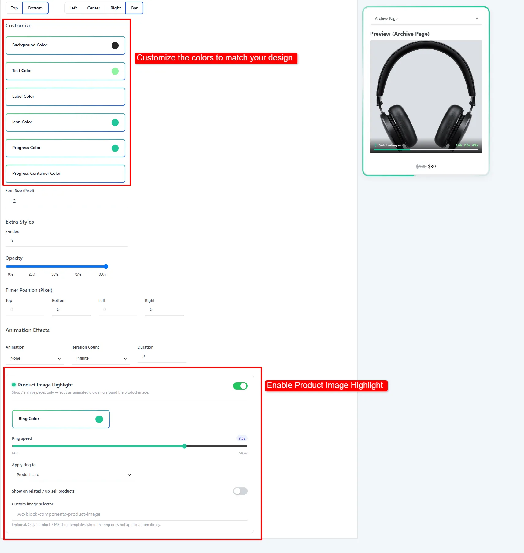 Countdown Timer customize section: colors, extra styles, and the Product Image Highlight ring