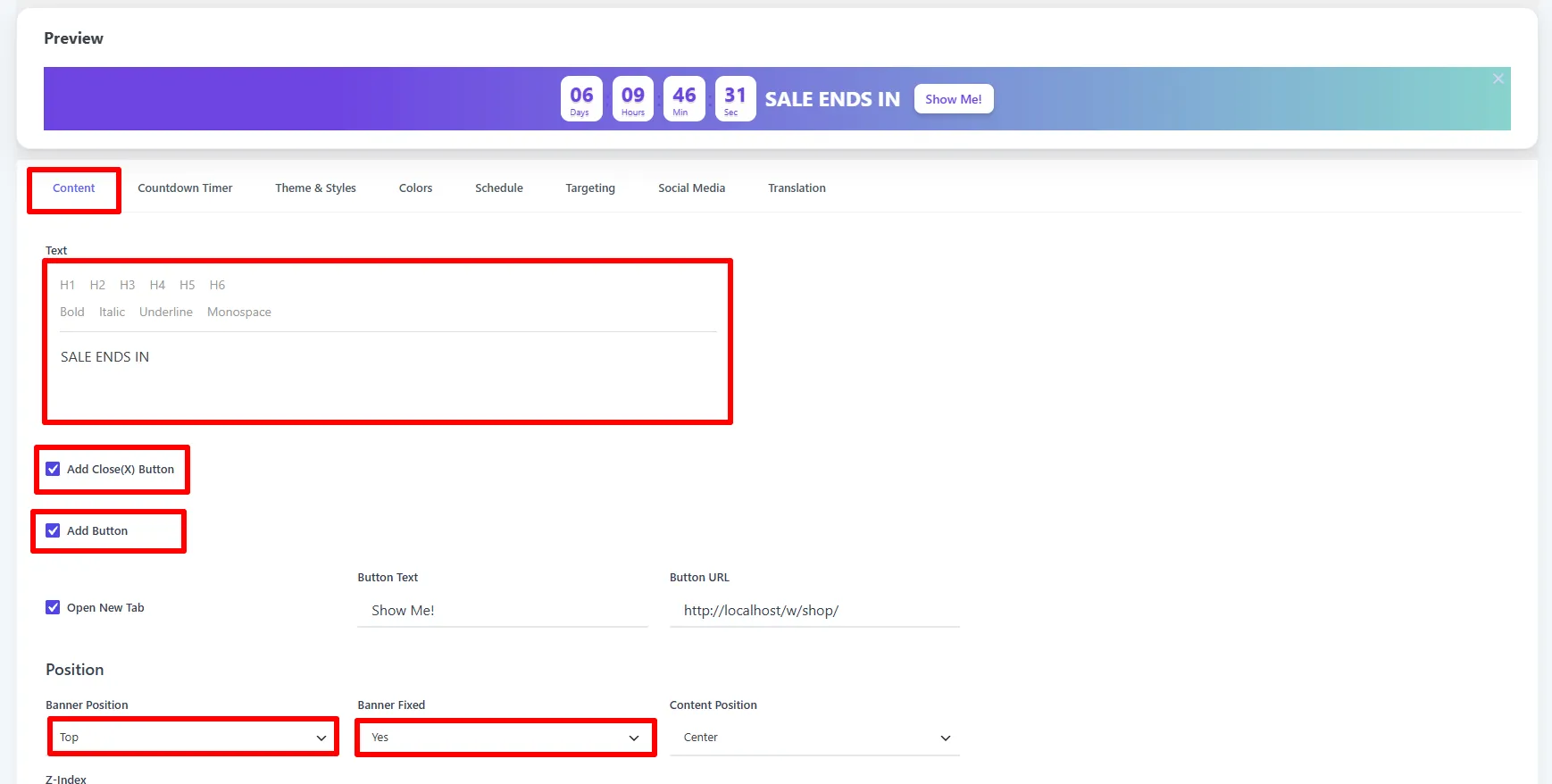 Countdown Timer Bar Content tab: message and button