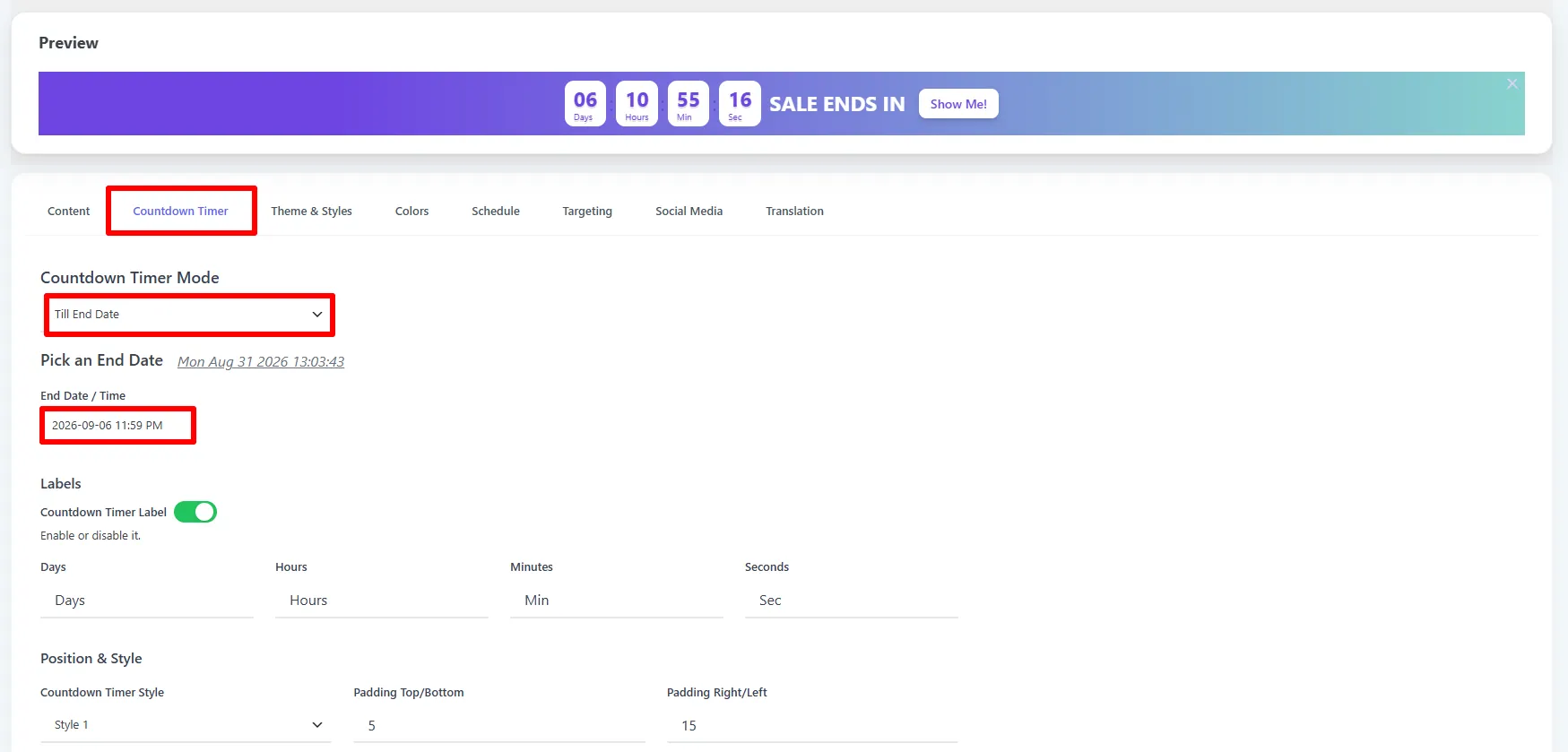 Countdown Timer tab: mode, end date, labels, and style