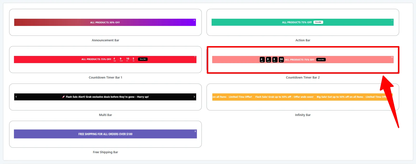 Bar Templates gallery: a Countdown Timer Bar template selected