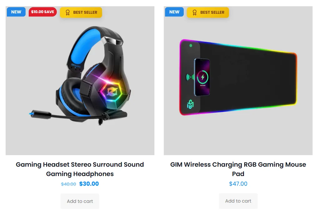 Examples of CSS labels on products
