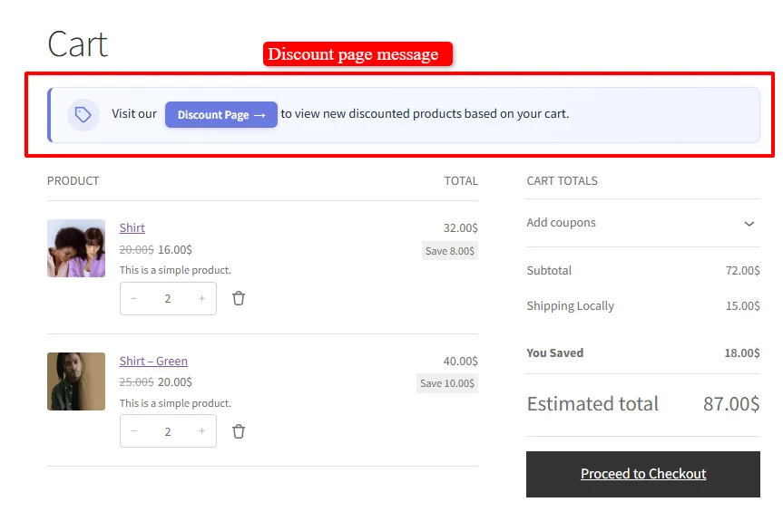 Discount Page Cart Notice