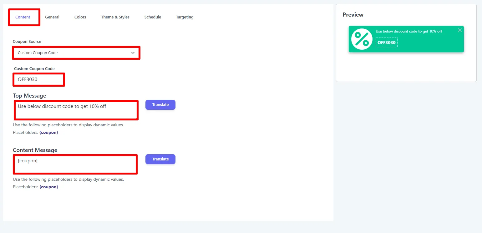 Content tab — coupon source, custom code, and the top/content messages