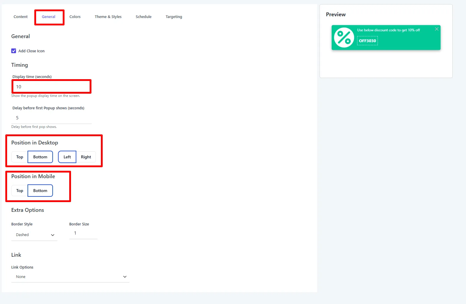 General tab — close icon, timing, position, border, and link options