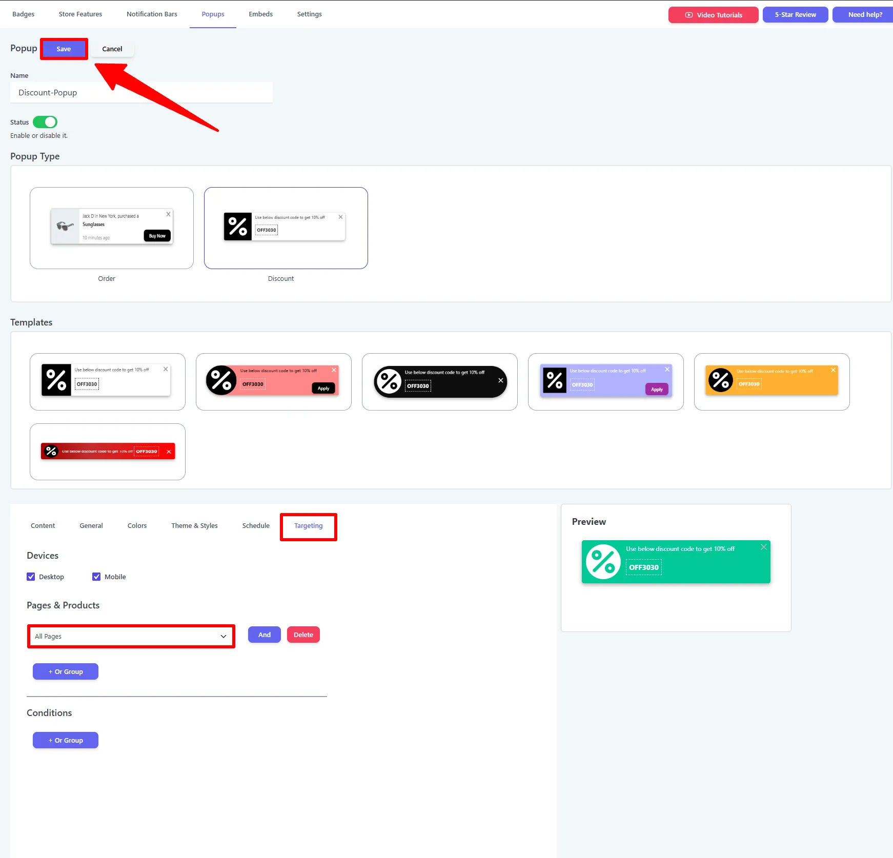 Targeting tab — devices, pages, and conditions with the Save button