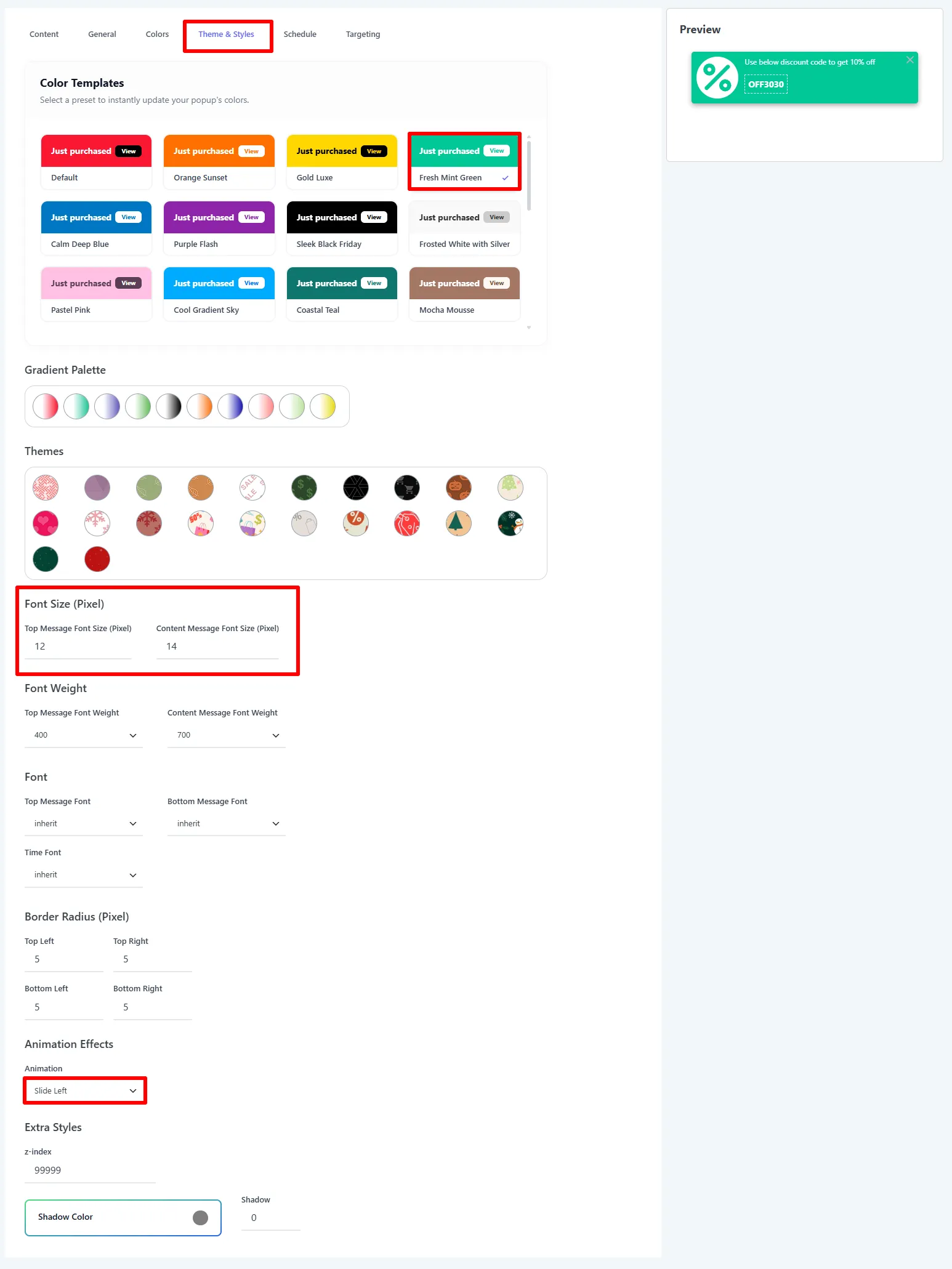 Theme &amp; Styles tab — color templates, fonts, border radius, and animation