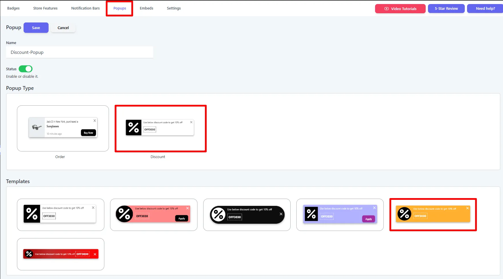Popups editor — Popup Type set to Discount with a template selected