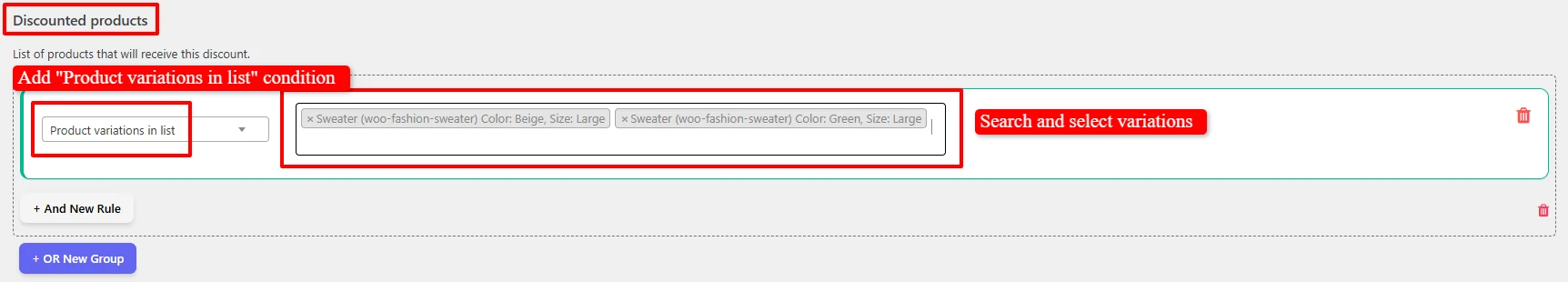 Select variations for role discount