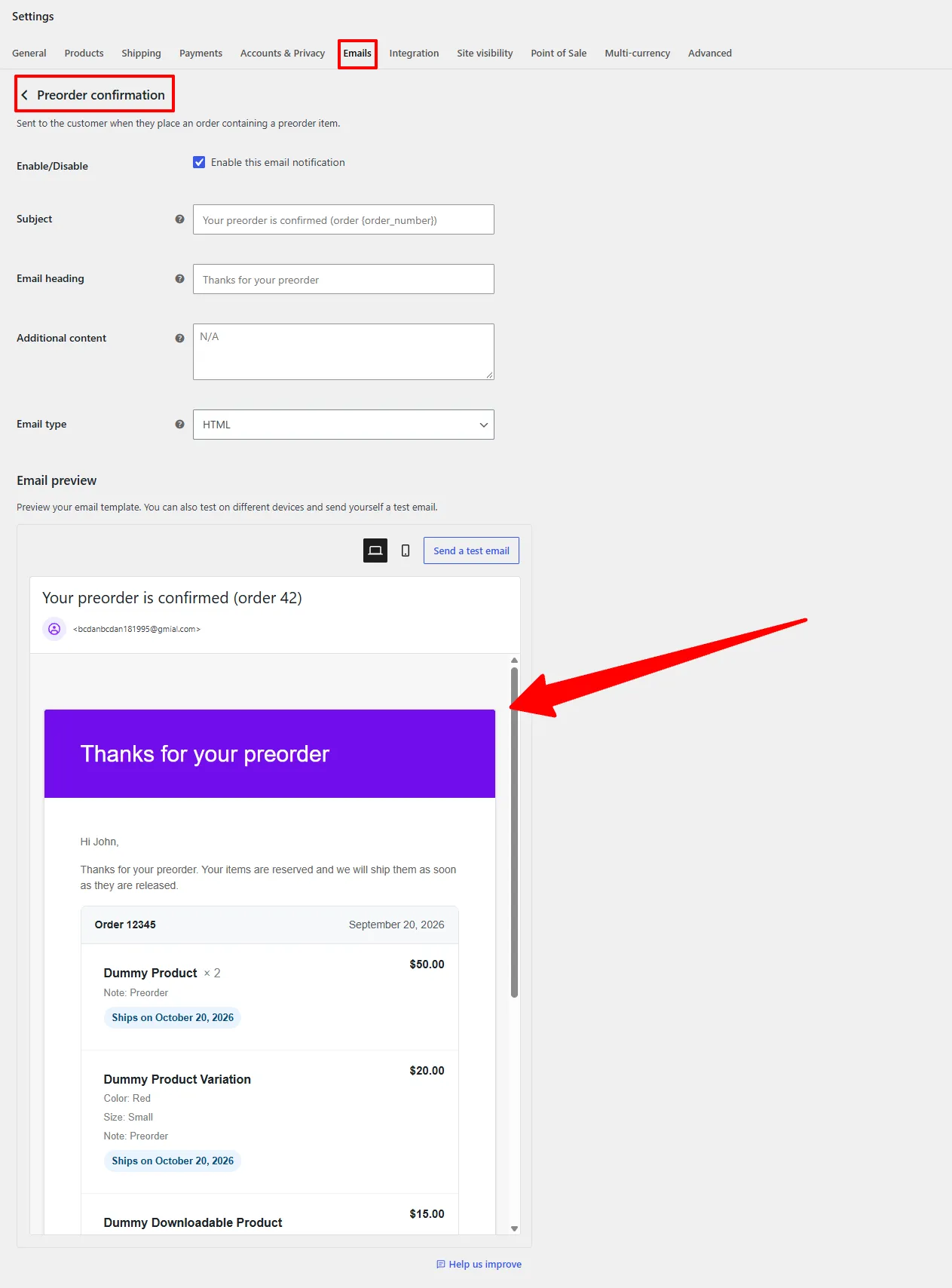 The Preorder confirmation email settings and preview
