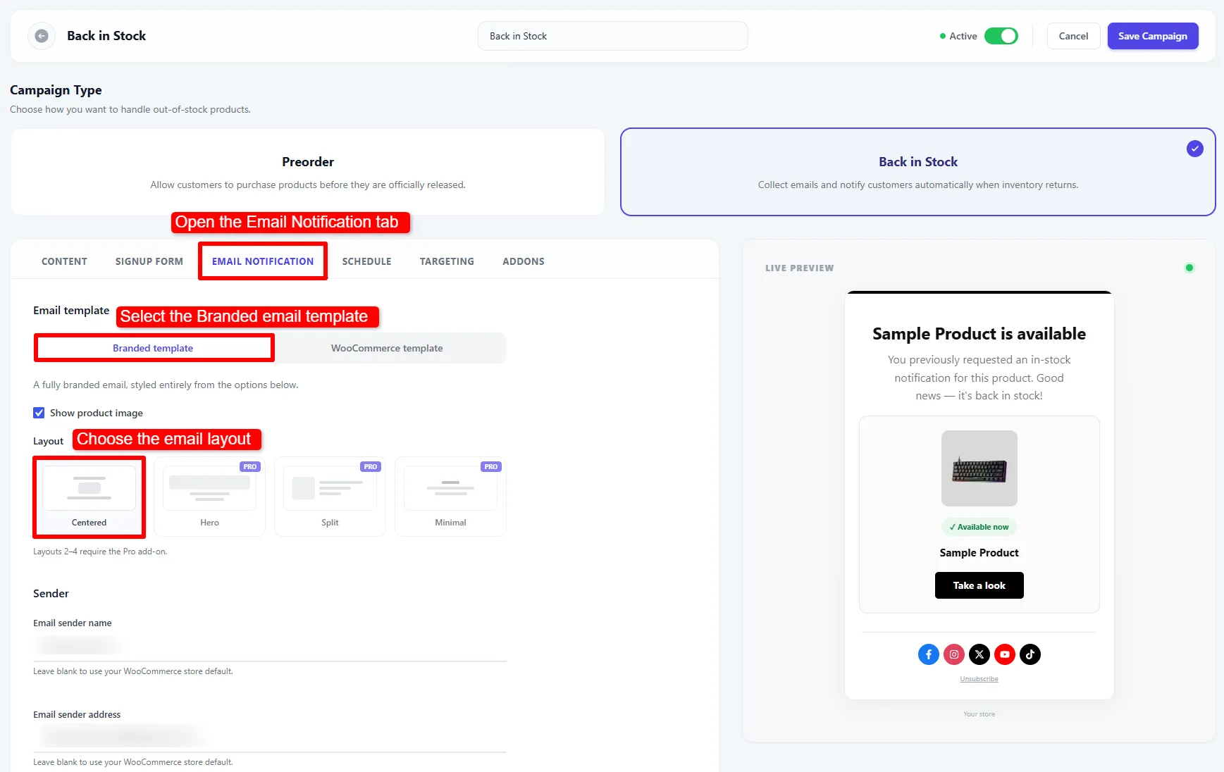 Email template and layout selector