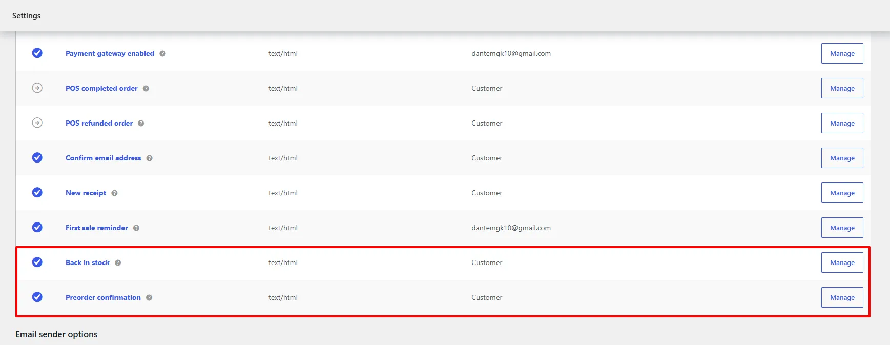 The plugin emails under WooCommerce Settings