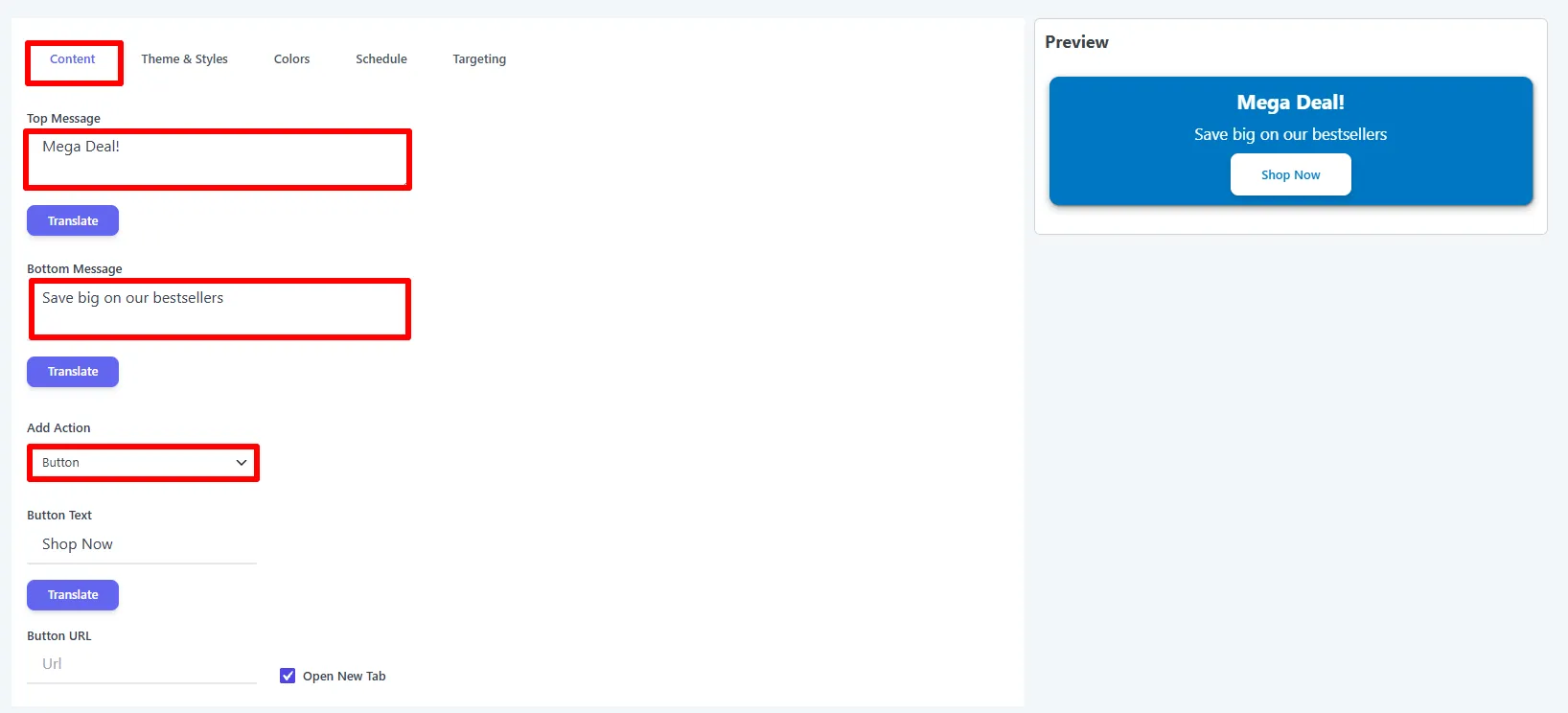 Content tab: top/bottom message and a button action