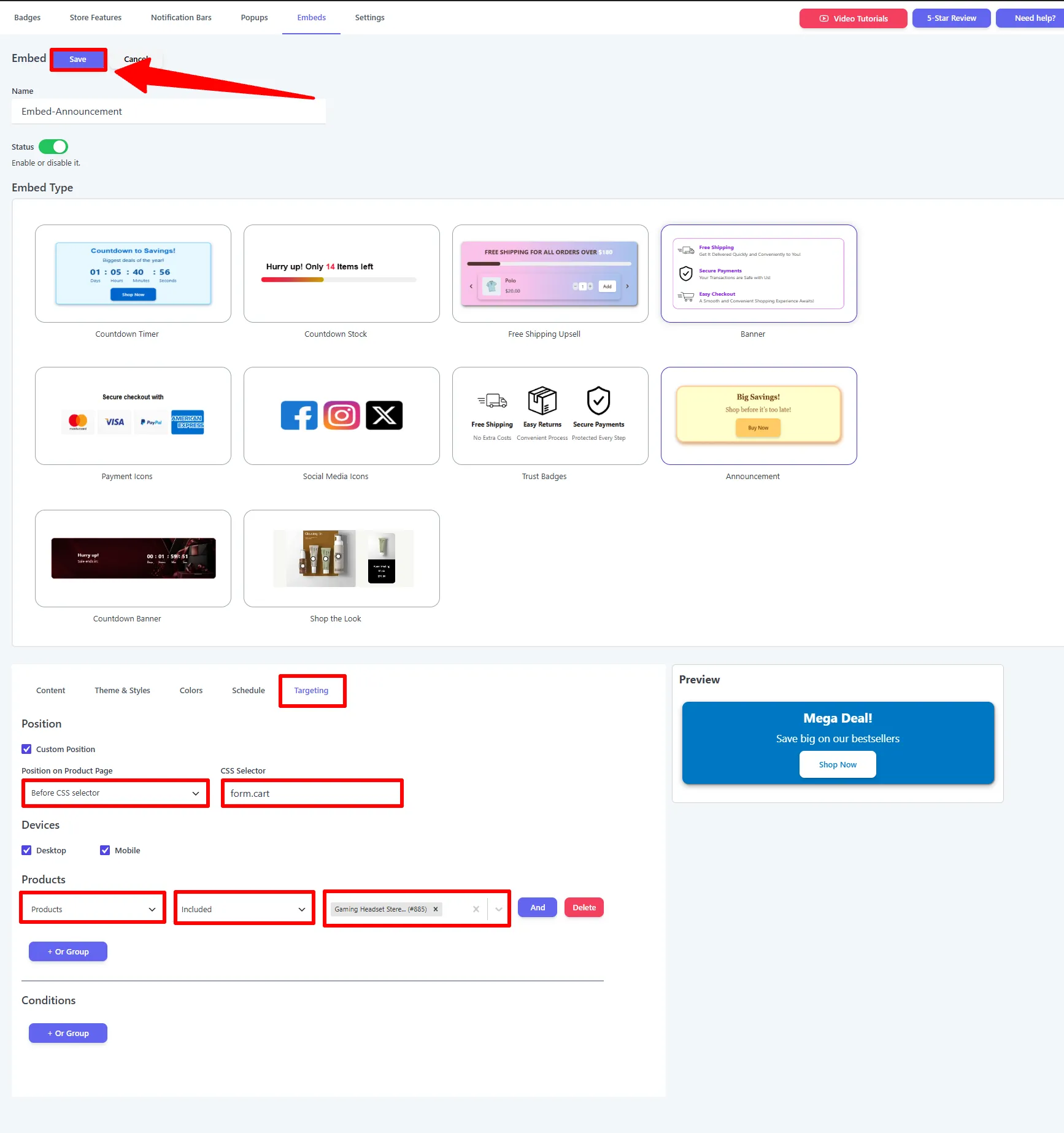 Targeting tab: Custom Position before form.cart, with a product rule