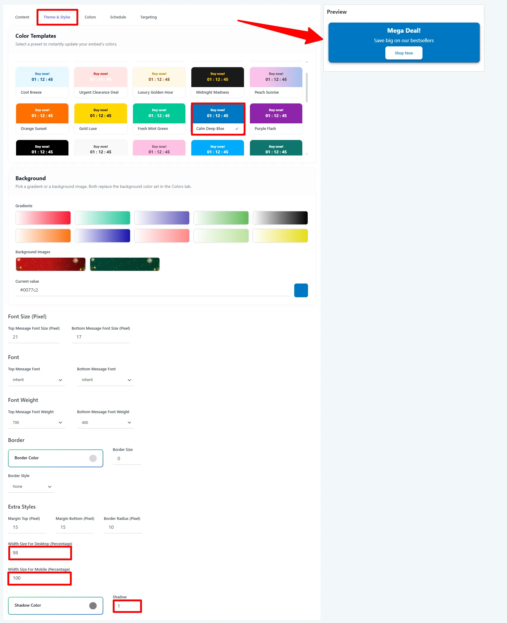 Theme & Styles tab: Color Templates and width
