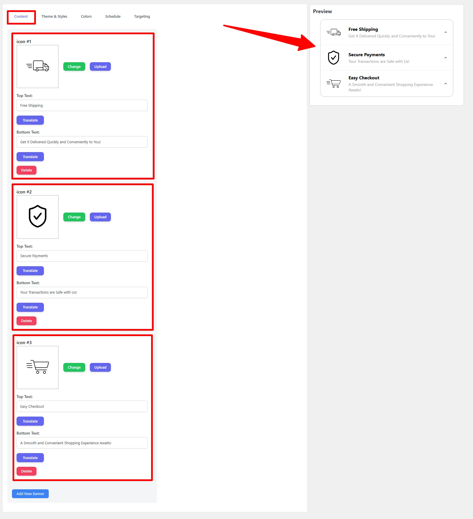 Content tab: three feature rows, each with an icon and two text lines