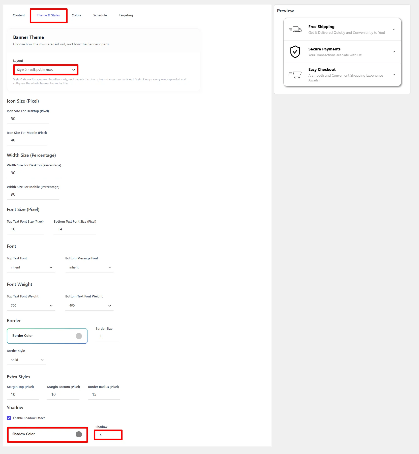 Theme &amp; Styles tab: banner layout, icon size, width, and shadow