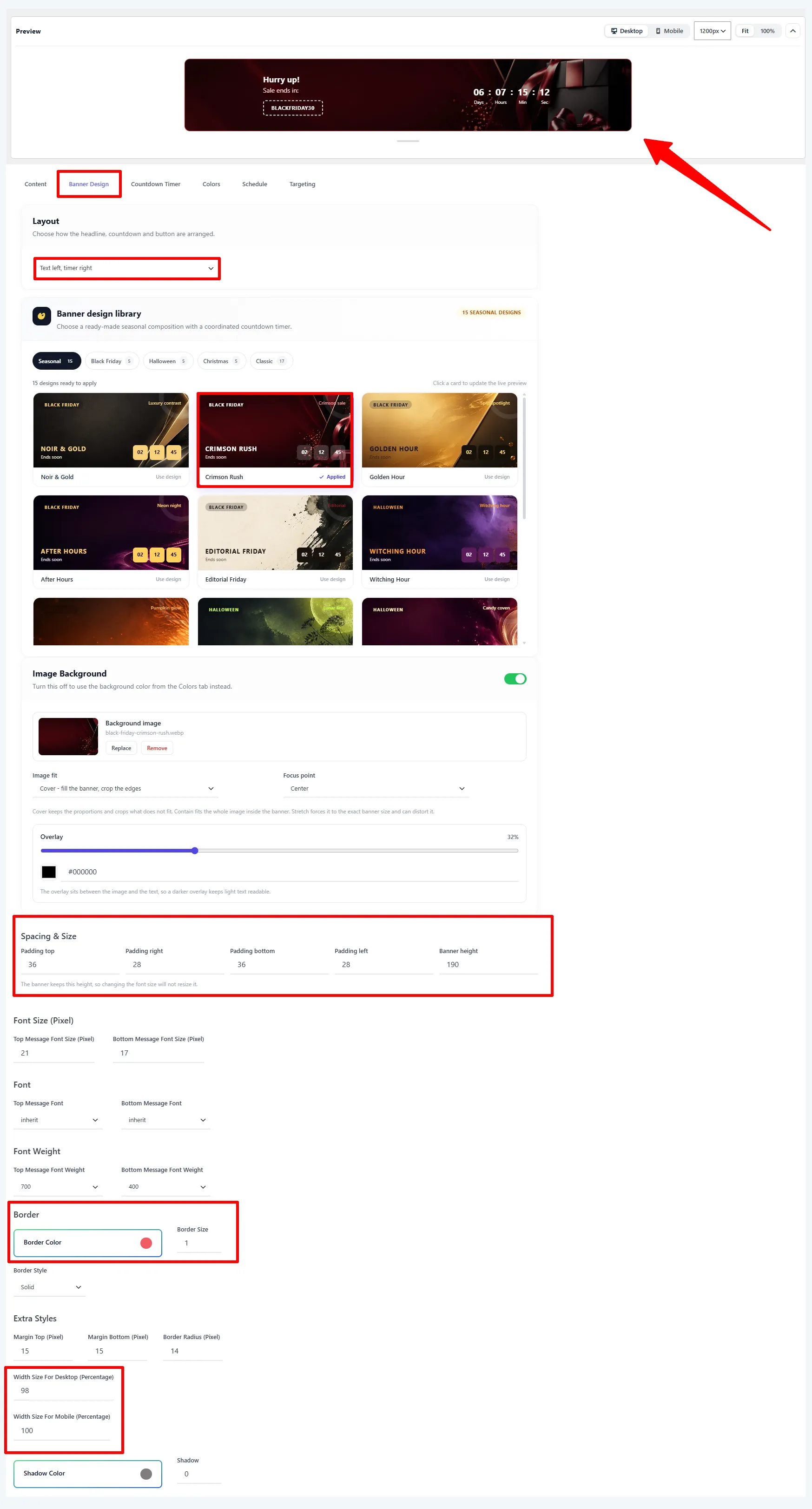 Banner Design tab: layout, seasonal design library, image background, and sizing
