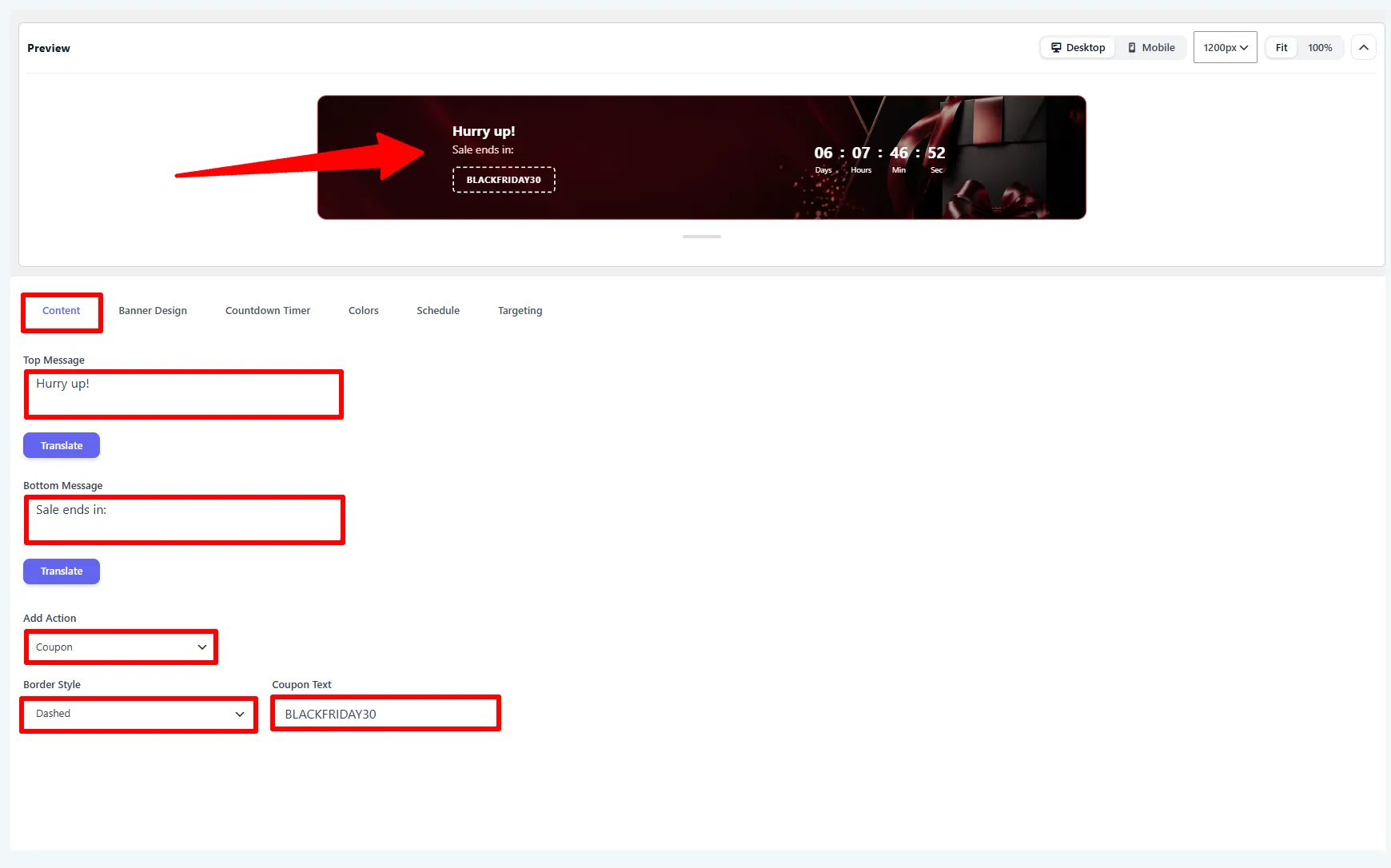 Content tab: top/bottom message and a coupon action