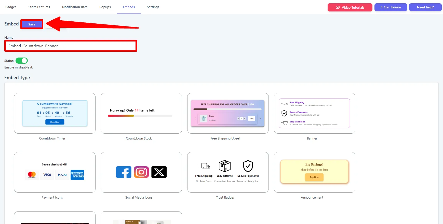 Embed name and the Save button