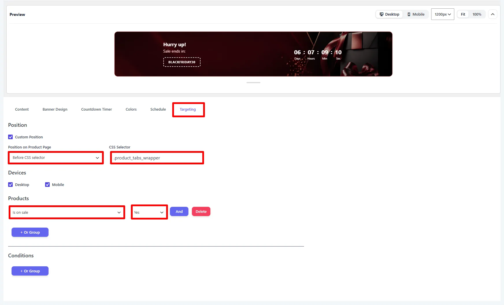 Targeting tab: Before .product_tabs_wrapper, on-sale products