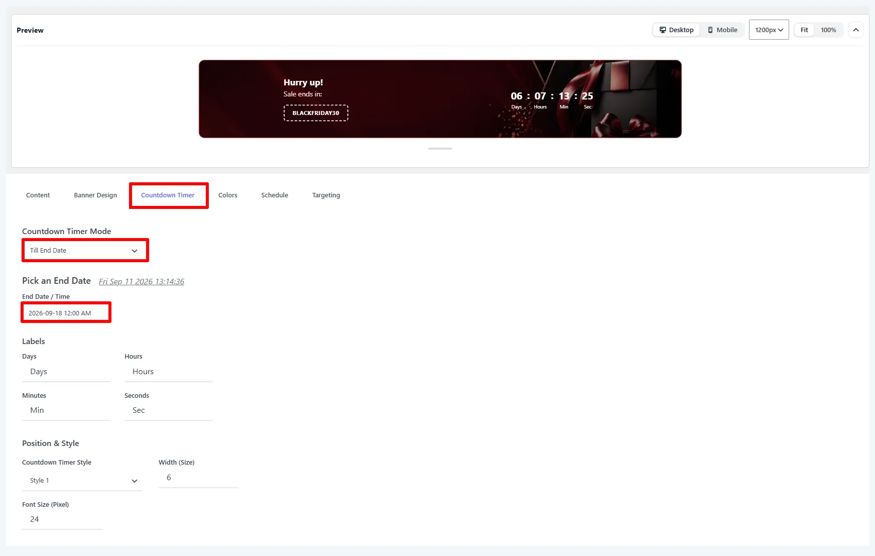 Countdown Timer tab: Till End Date with an end date