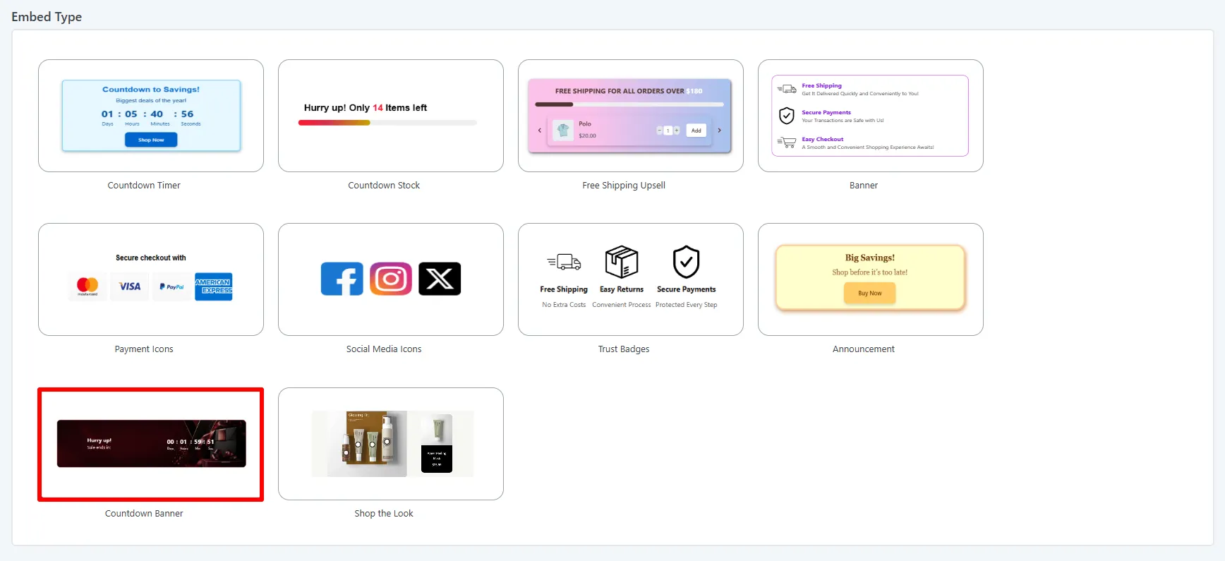Embed Type gallery: the Countdown Banner tile selected