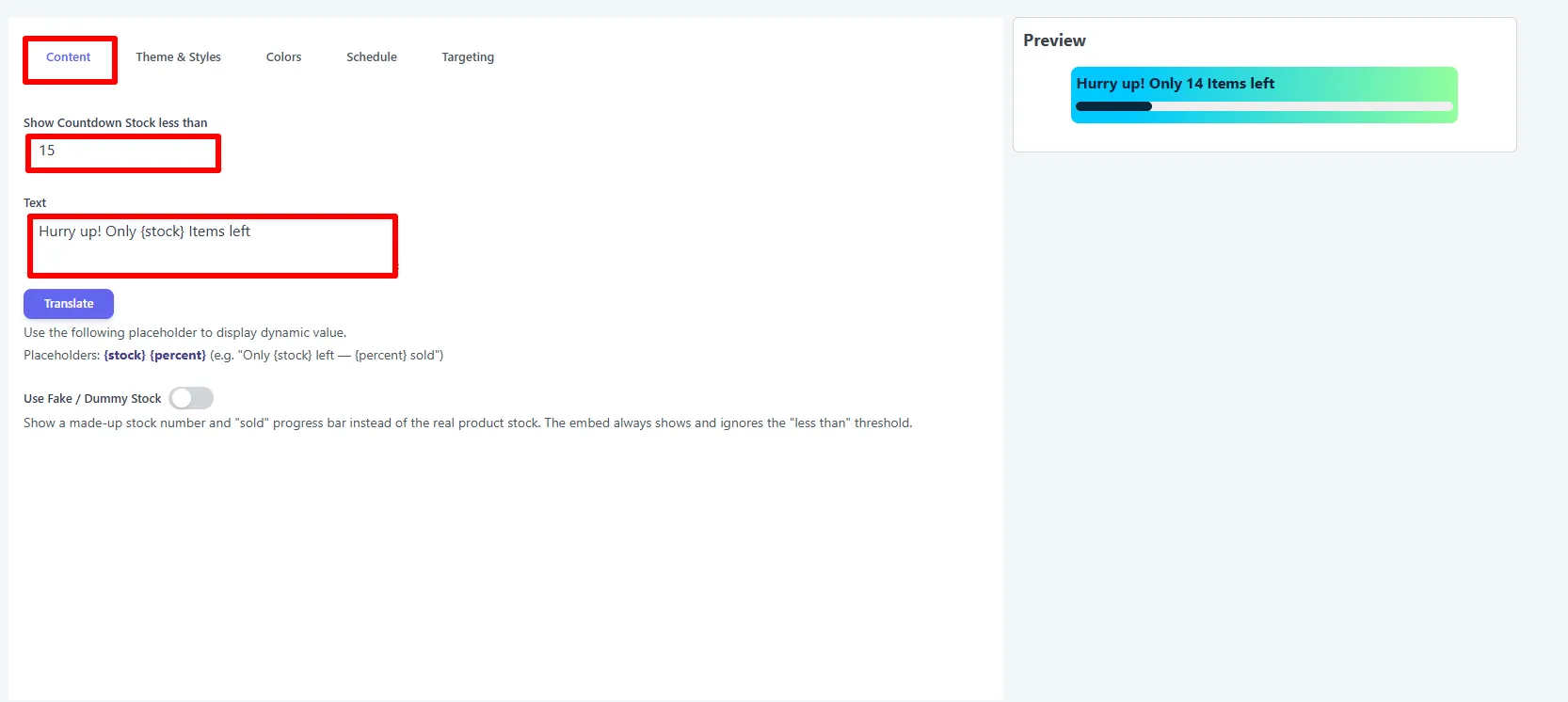 Content tab: stock threshold and the stock message