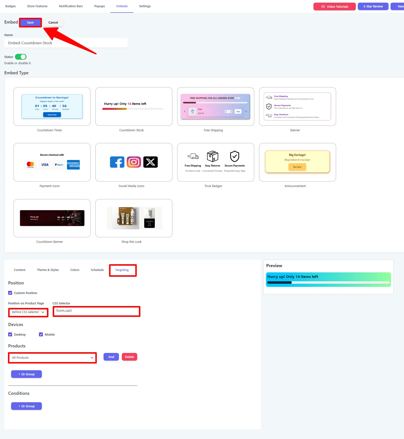 Targeting tab: Custom Position before form.cart, devices, and product rules