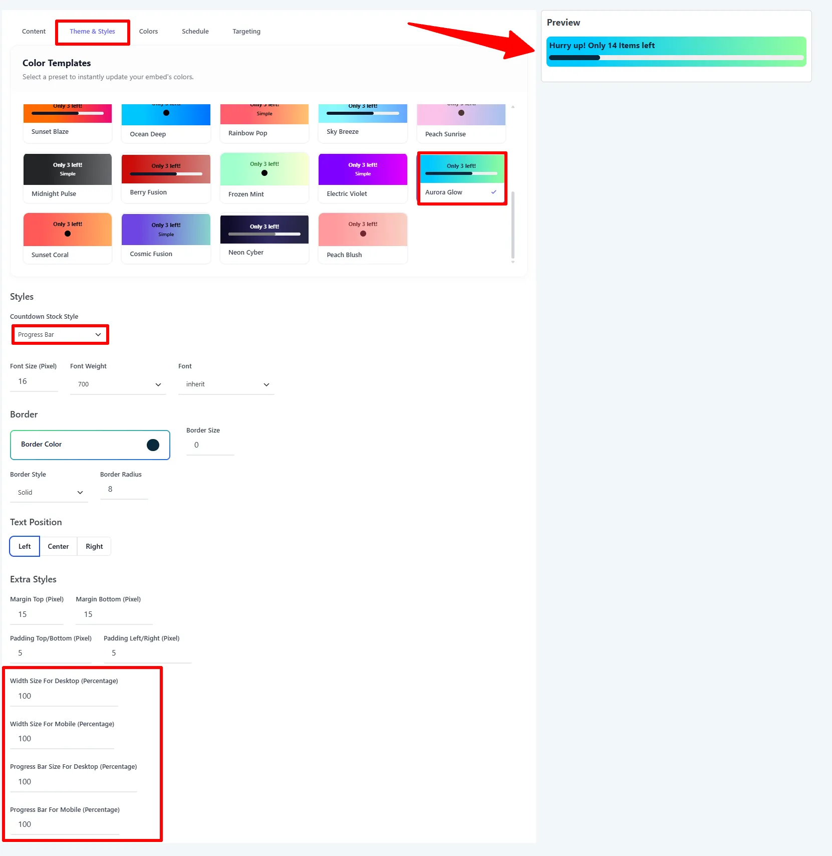 Theme &amp; Styles tab: Color Templates, stock style, and sizing