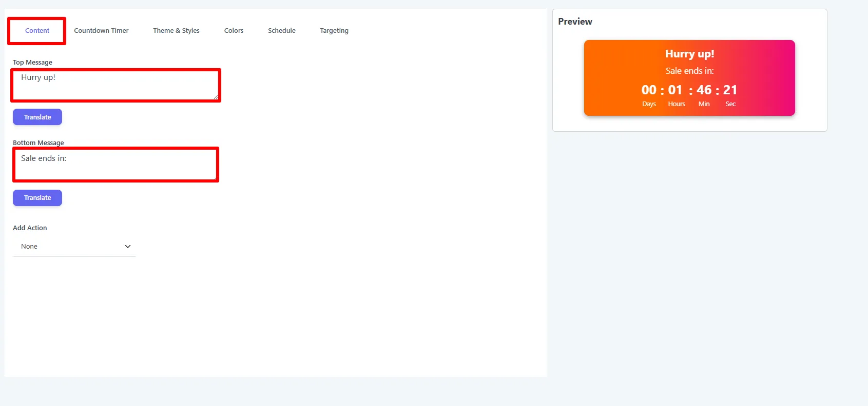 Content tab: Top Message and Bottom Message with the live preview