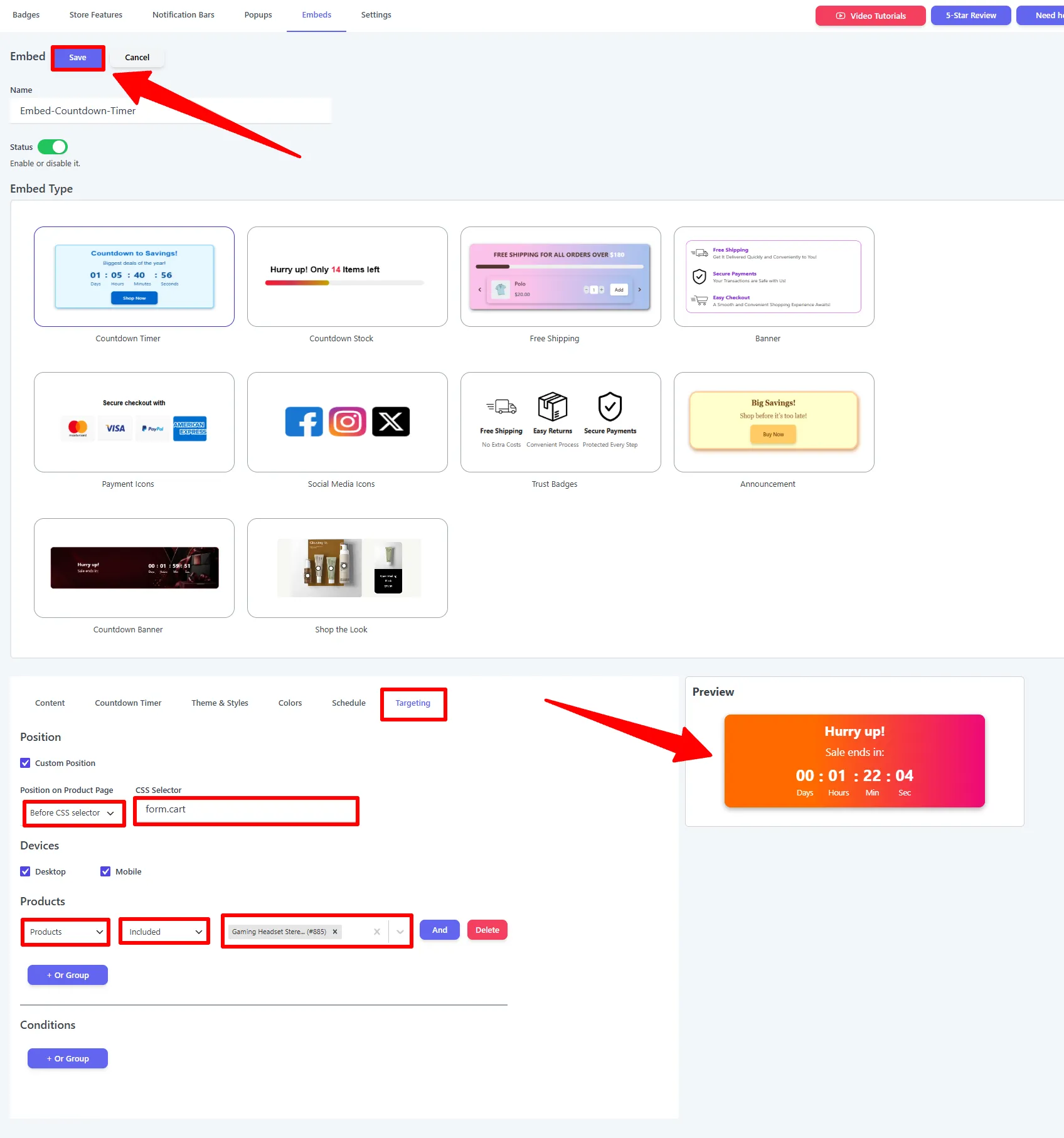 Targeting tab: Custom Position before form.cart, devices, and product rules