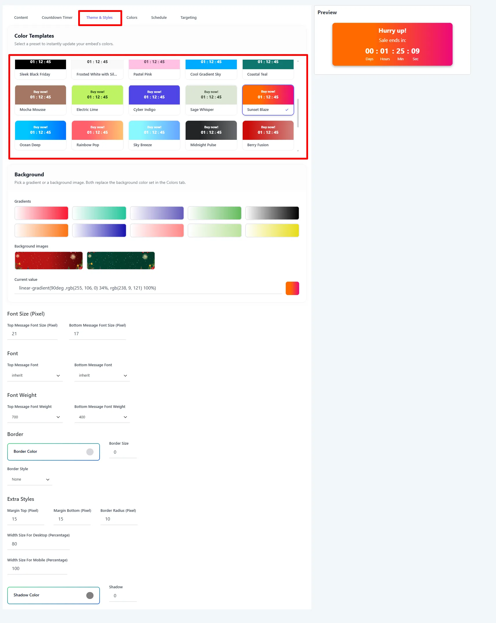 Theme &amp; Styles tab: Color Templates, background, fonts, and width