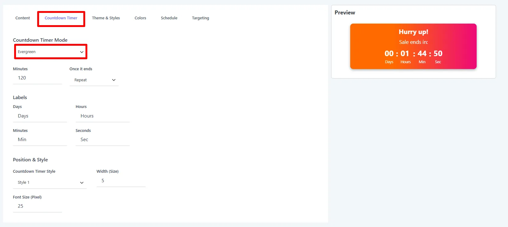 Countdown Timer tab: Evergreen mode, labels, and timer style
