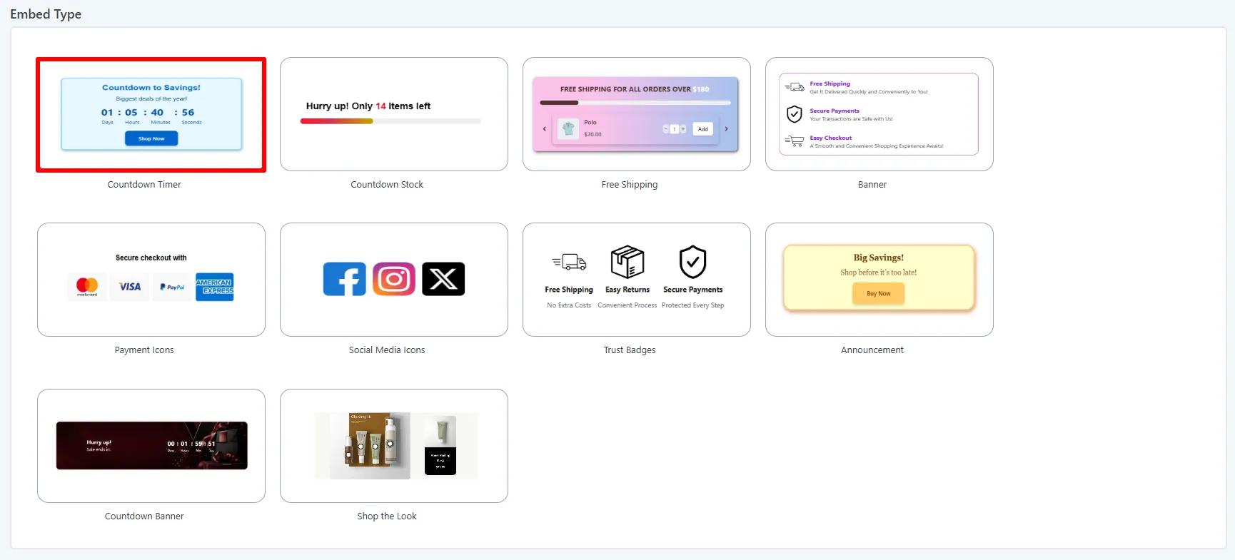Embed Type gallery: the Countdown Timer tile selected
