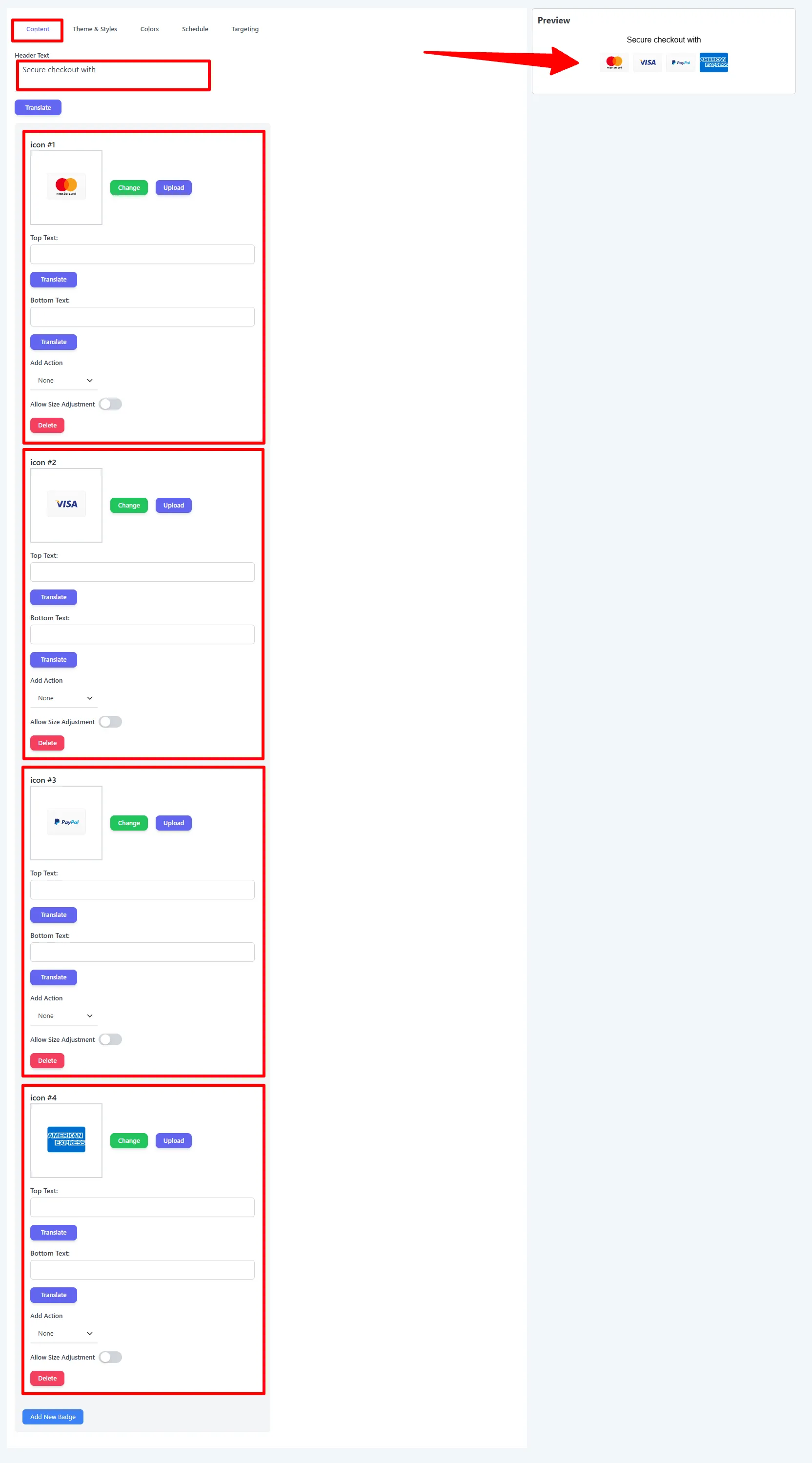 Content tab: header text and the payment logo rows