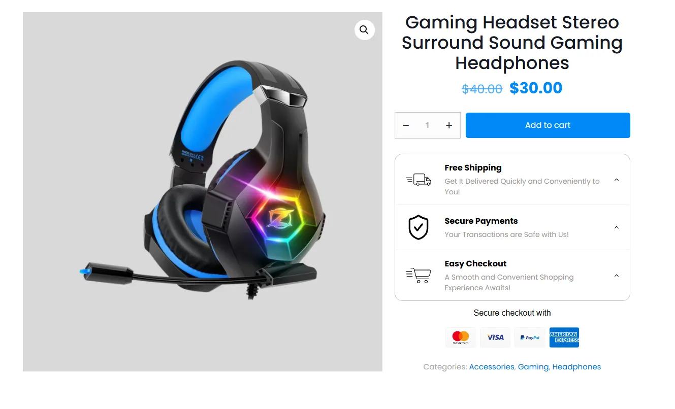 Payment Icons embed live on a product page