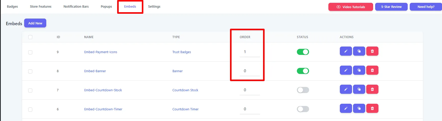 The Embeds list with the editable Order column