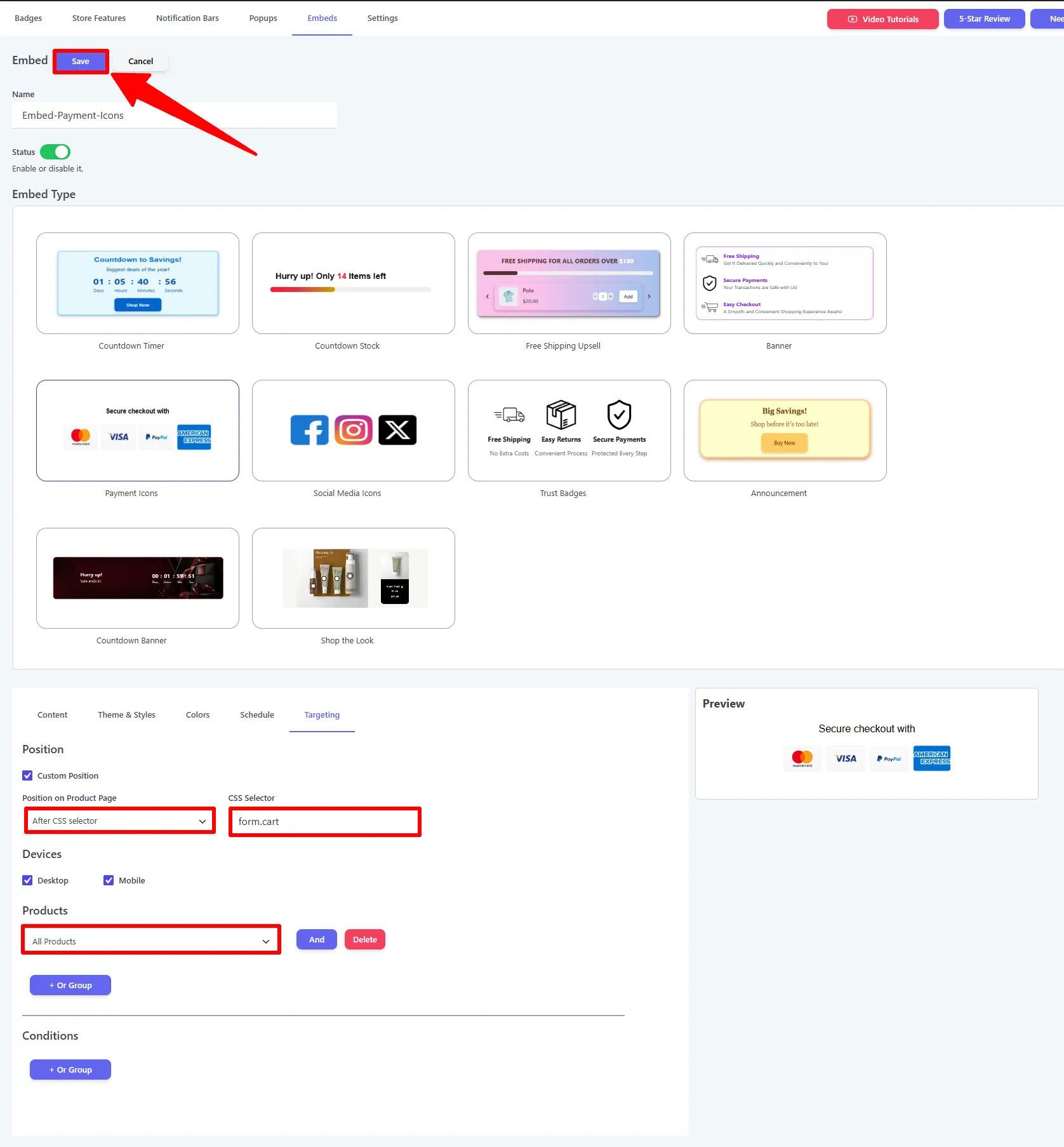 Targeting tab: Custom Position after form.cart, devices, and product rules